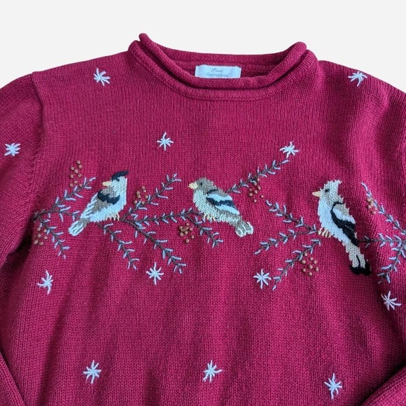 Vintage 90s Christopher & Banks Embroidered Bird Winter Knit Sweater Wool Blend - Picture 3 of 8